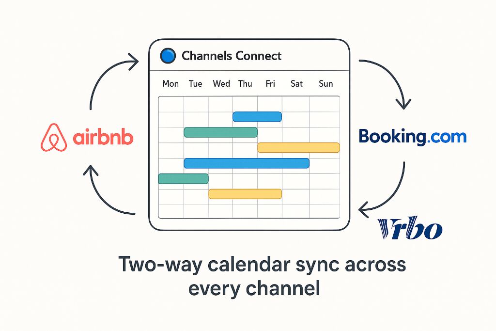 Illustration of booking calendars staying in sync across Airbnb, Booking.com and Vrbo in the Channels Connect dashboard