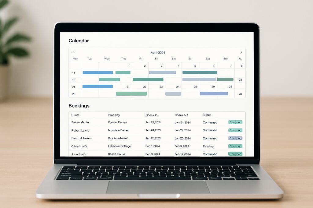 Illustration of a property management dashboard with a calendar and bookings list, representing how Channels Connect layers on top of your PMS